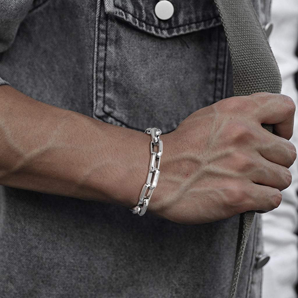 Casual Rectangle Chain Bracelets for Men Boys,Silver Color Stainless Steel Wristband,Punk Anniversary Jewelry Gifts