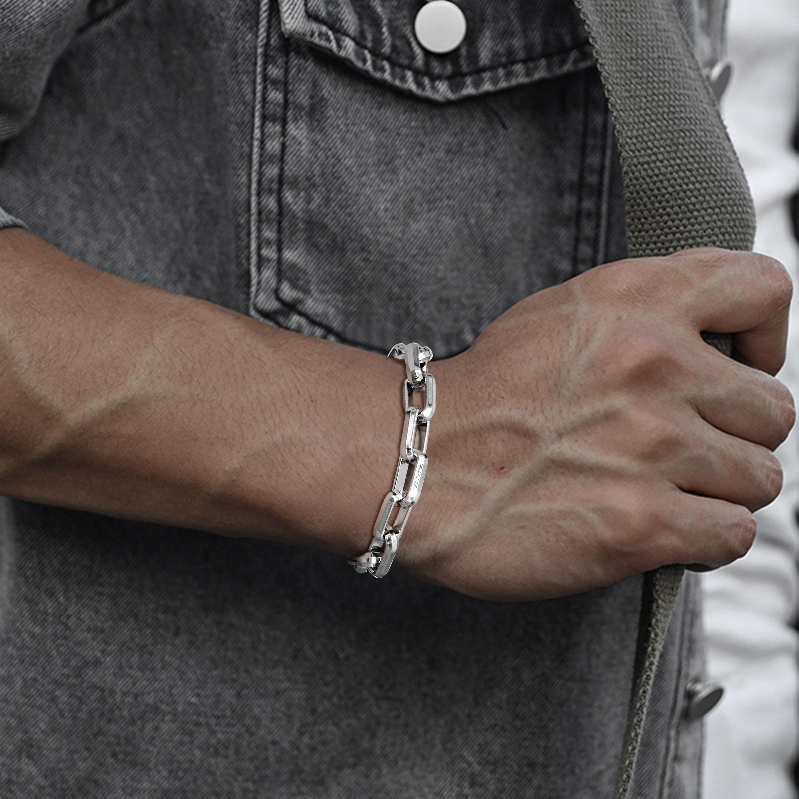 

Vnox Bold Rectangle Chain Bracelets for Men Boys, Punk Rock Never Fade Silver Color Stainless Steel Paperclip Link Wristband 19cm