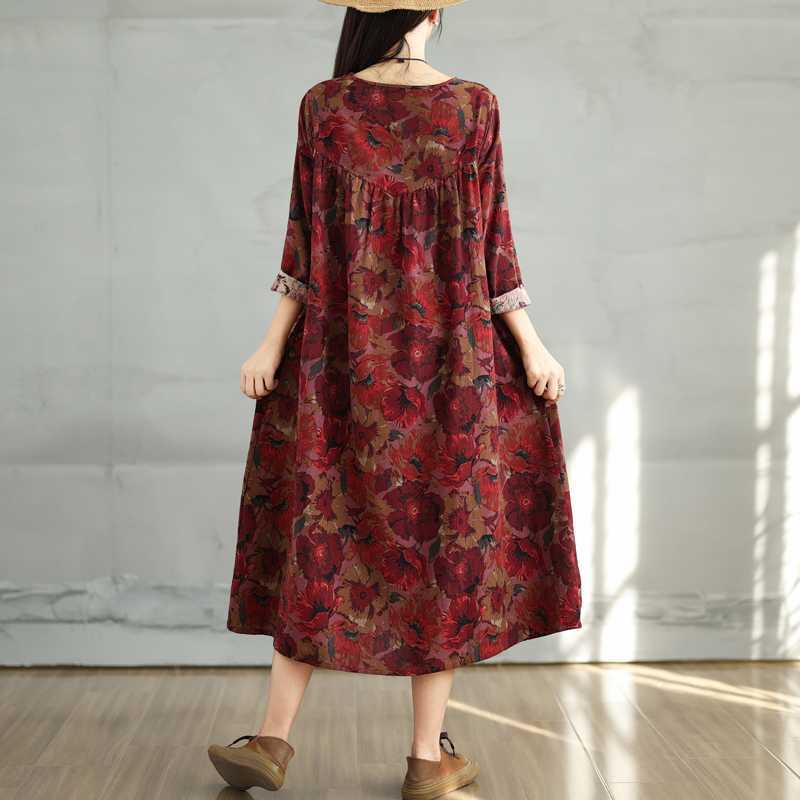 New Vintage Cotton-Linen Printed Round-neck Long-sleeved Dress for Women - Loose Fit Large Size for Slimming - Patched A-line Skirt for Women