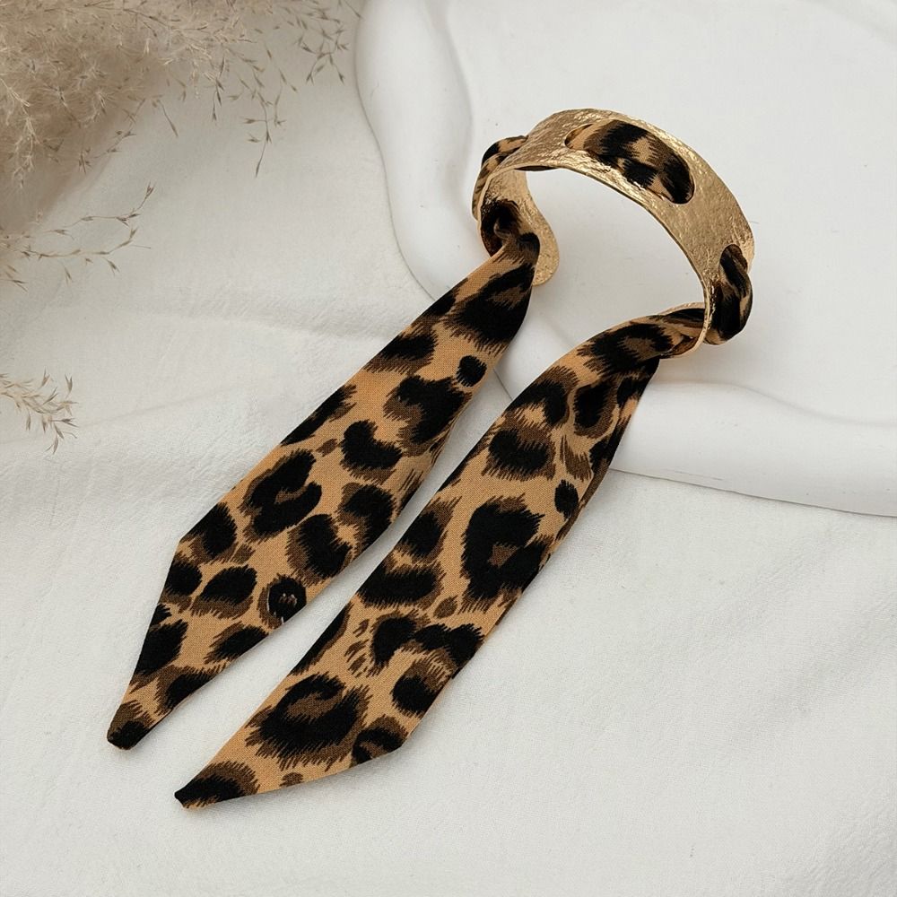 Leopard Print Silk Scarf Cuff Bangles Ribbon-Wrapped Hollow Flower Metal Wide Bracelet Vintage Adjustable Ethnic Style Wristband