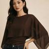 Ruched Waist Cape Sleeve Top Round Neck False Two-Piece Tops Batwing Sleeve Top  Summer Wear