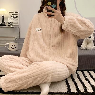 Women's Fleece Pajama Set Winter Long Sleeve Women's Pajamas 2 Piece Set with Pants Solid Color Zipper Pajama Set Women's Home Clothes