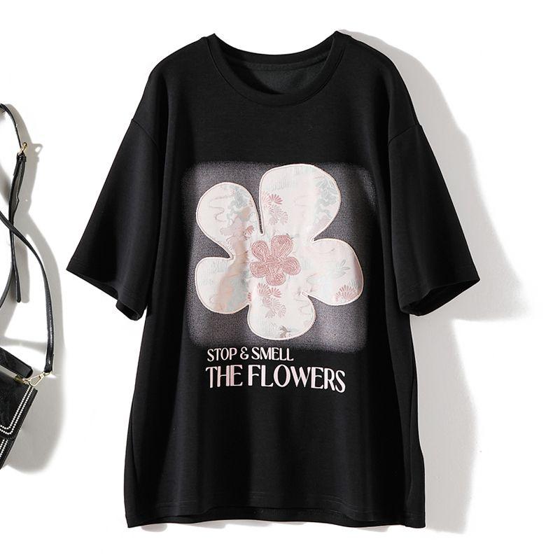 

Stereo Five-Petaled! Youth Fashion Women s Round Neck Shoulder Sleeve Length Tencel Cotton T-shirt Spring and Summer New Tops Black L