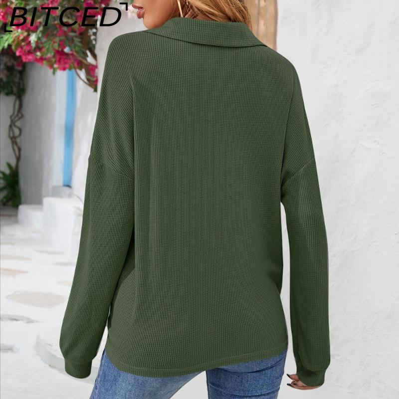 BITCED Women's Fall/Winter Polo Neck Button-Up Solid Color Long-Sleeve T-Shirt