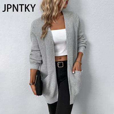 JPNTKY Women's Fashion Casual Solid Color Print Autumn Winter Long Sleeve Loose Sweaters Cardigans