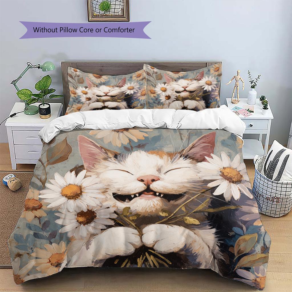 Cat Holding Flowers Pattern Bedding Quilt Set Home Decoration Gift (1 * Duvet Cover + 2 * Pillowcase, Without Core)