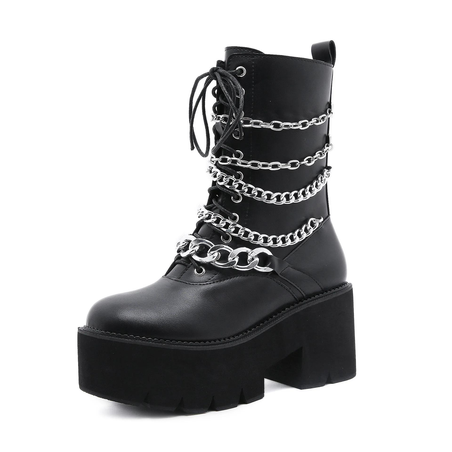 

Goth Rivet emo Shoes Platform Heeled Boots Women Big Size Chain Metal Decoration Chunky Heels Combat Boots Mid Calf 35 чёрный