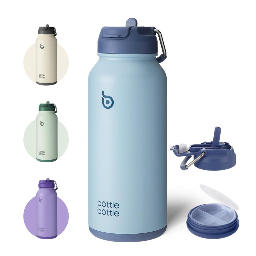 BOTTLE BOTTLE Water Bottle, 850ml Large Capacity, Stainless Steel Bottle with Bottom Storage, 2-Way Lid, Straw, Direct Drinking, Vacuum Insulated,