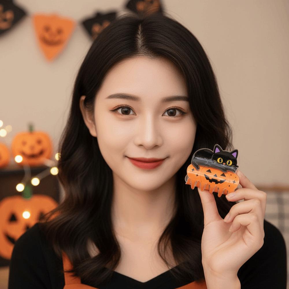 Cute Animal Pumpkin Shark Clip Strong Hold Black Cat Hair Claw Halloween Hair Claw Thick Hair