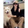 Flannel 1x1 Korean Off-Shoulder V-Neck Long-Sleeve Women's T-Shirt - Elegant, Chic, Fashionable Top