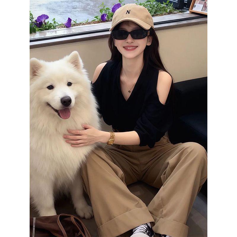 Flannel 1x1 Korean Off-Shoulder V-Neck Long-Sleeve Women's T-Shirt - Elegant, Chic, Fashionable Top