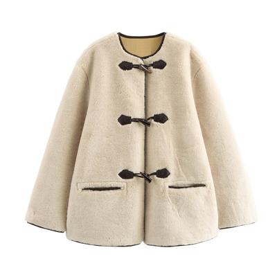 Womens Oversized Faux Fur Coat With Pocket Detail Loose Fit Warm Winter Outerwear In Beige