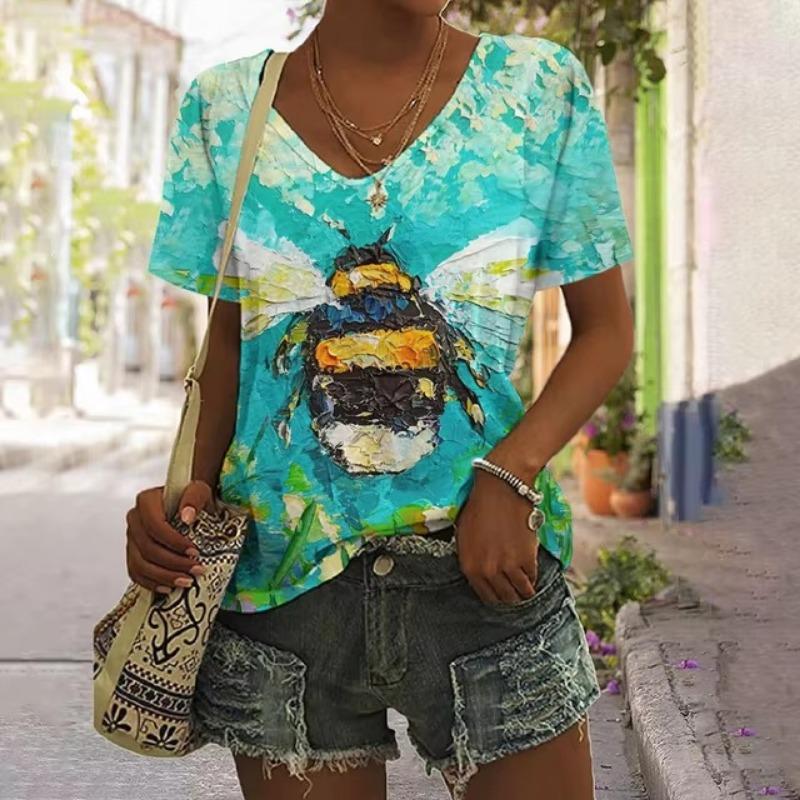 3D Print Women's T-shirt Bee Graphic Harajuku Clothing Female Casual Streetwear Summer V-Neck Oversized Short Sleeve Shirt