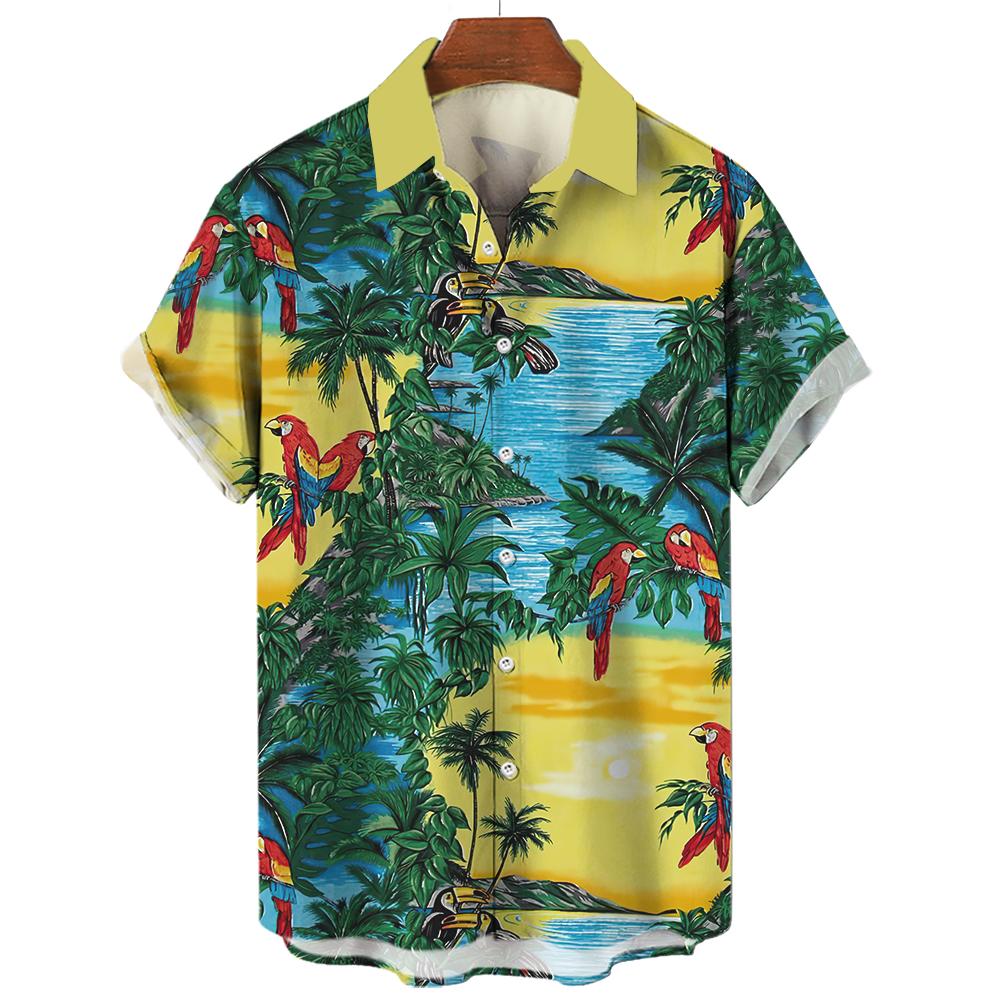 Hawaiian shirt, men's and women's 3D palm tree print, fashionable casual short sleeved shirt, lapel button top, oversized unisex clothing