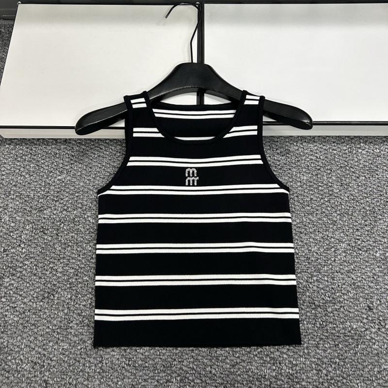 2026 Summer Rhinestone Letter Striped Knit Round Neck Vest - Slimming Versatile Top for Women