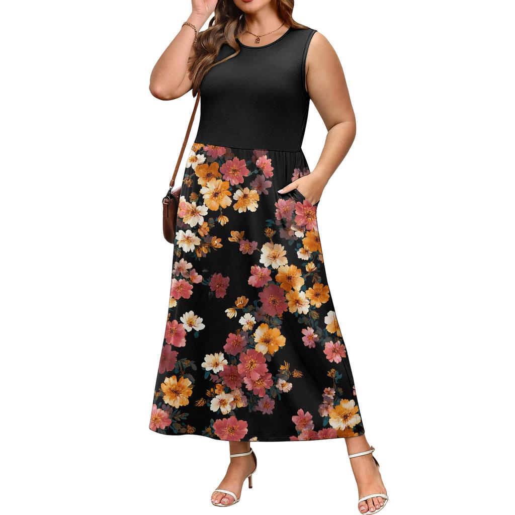 Women Sleeveless Floral Print Casual Waist Dress Crew Neck Maxi Dress Lightweight Soft Fabric for Everyday Wear