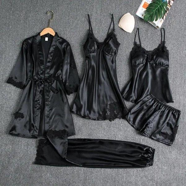 Ensemble de pyjama en soie 5 pièces pour femme avec soutien-gorge rembourré, chemise de nuit camisole sexy, robe à manches longues et vêtements d'intérieur