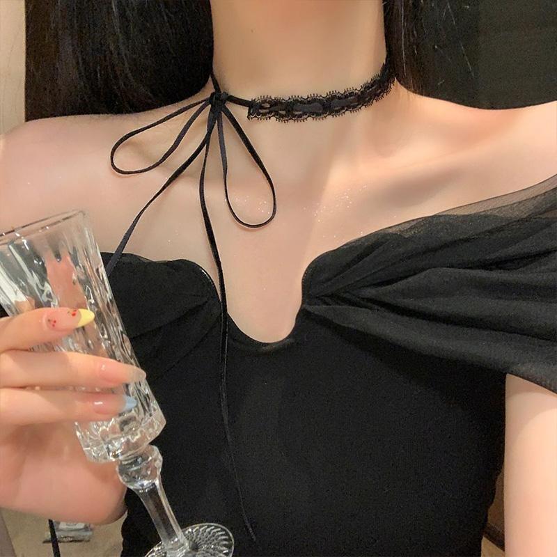 Neue Mode Unifarbene Spitze Blume Band Choker Halsband Schwarz Weiß Halskette Vintage Y2K Choker Kette Halsketten Party Schmuck
