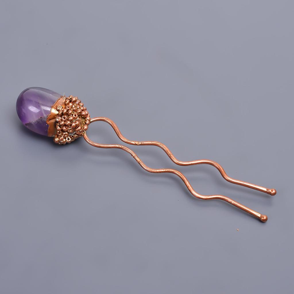 Natural Purple Amethyst Handmade Copper Bun Stick 3.7 Inch / Electroplated Copper Gold Filled Hair Pin Black Friday Gift For Mother Wife