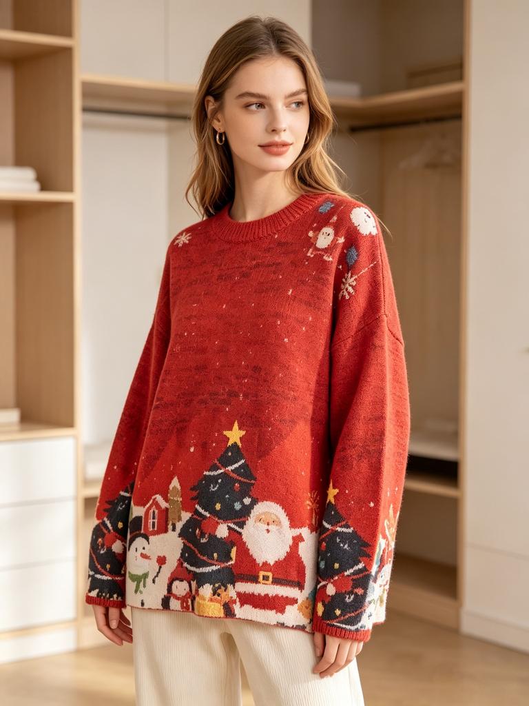 Christmas Sweater 3D Pattern Printed Women's Sweater Pullover, Casual Loose Long-sleeve Knit Crew Neck Top