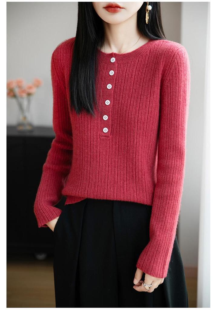 Women's Solid Color Wool Knitwear: Single-Breasted, Long-Sleeve, Round Neck, 2025 Autumn Collection