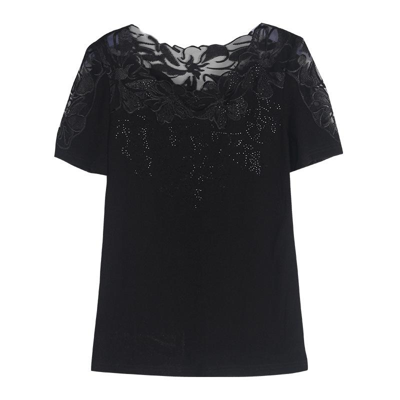 Women's Summer Lace Embroidery Plus Size T-shirt Temperament Commuter Short Sleeve Top