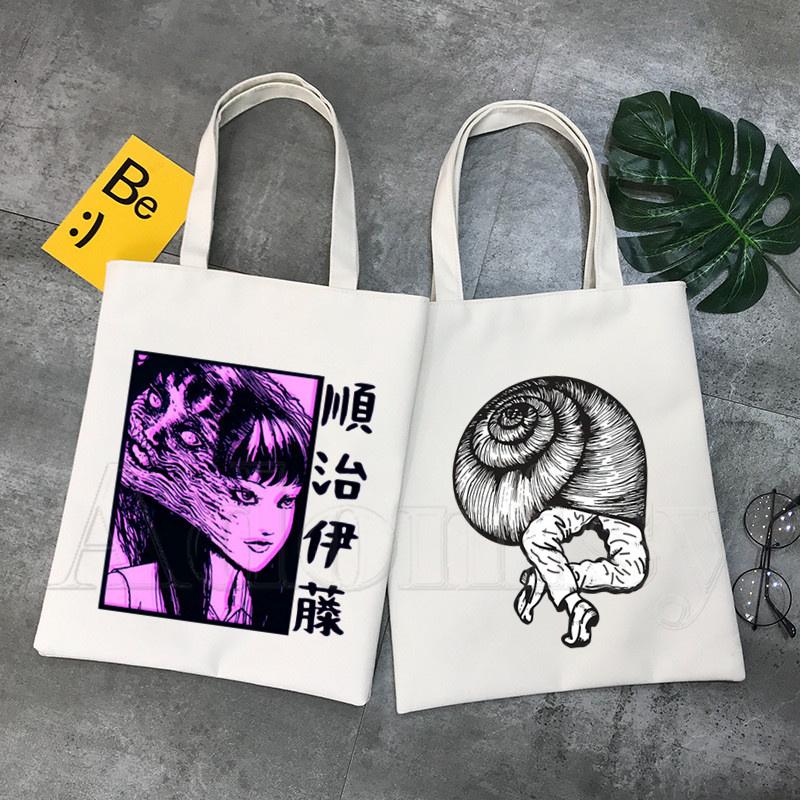 

Junji Ito Печать Холст Плечо Сумка для женщин Сумочки Эко Многоразовая сумка для покупок Винтаж Мода Ulzzang Сумки