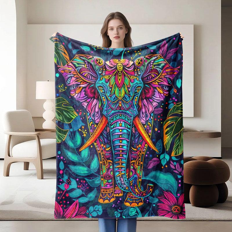 1 Piece Colorful Elephant Pattern Flannel Blanket Soft Suitable for Sofa Bed Office Allseason Use