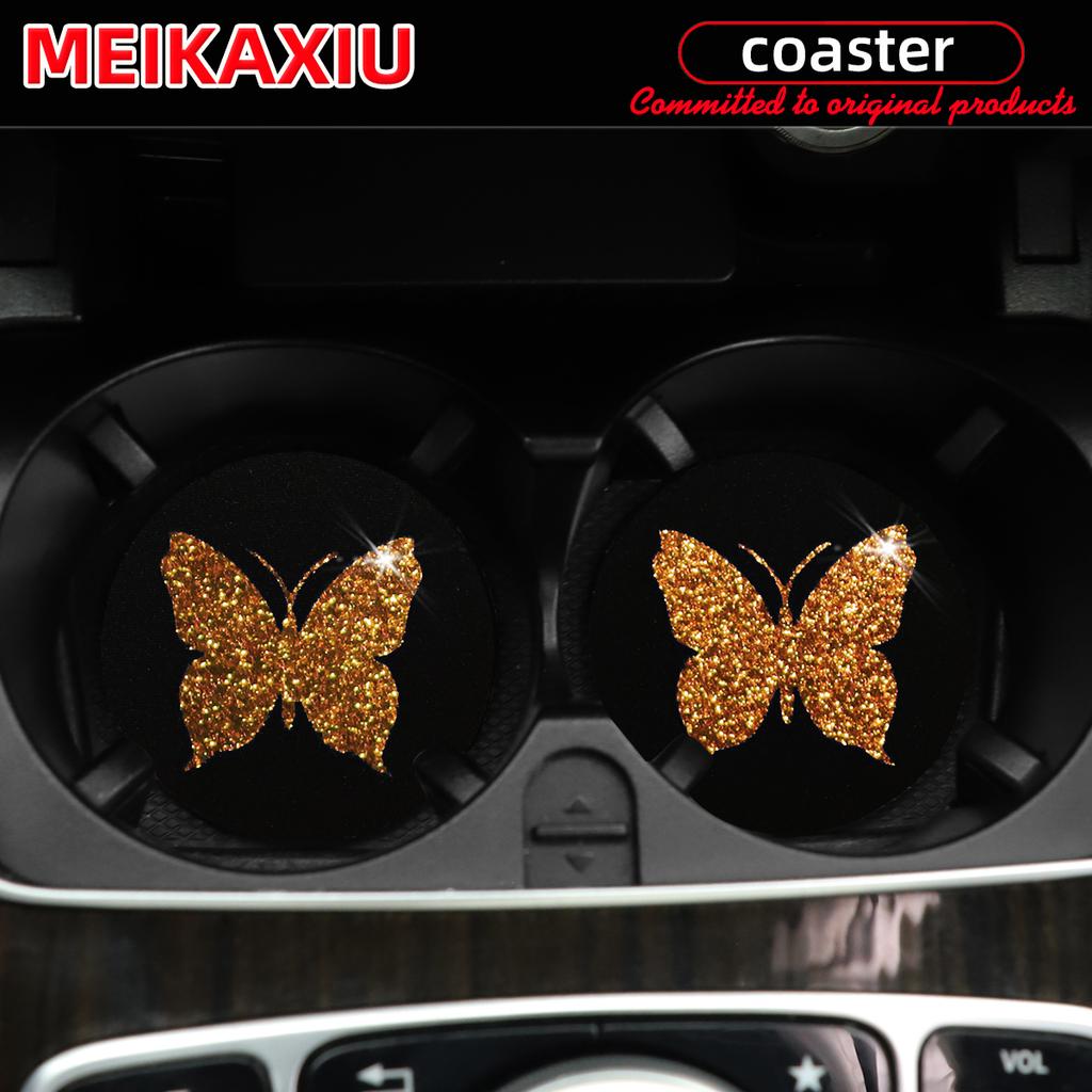 Two Cute Pink Butterflies Glitter Light Car Water Cup Pads for Women with Car Accessories