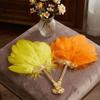 Decorative Gold Handle Feather Hand Fan Colorful Vintage Ornate Handheld Fan Faux Pearl Chinese Style Dance Fan Cosplay