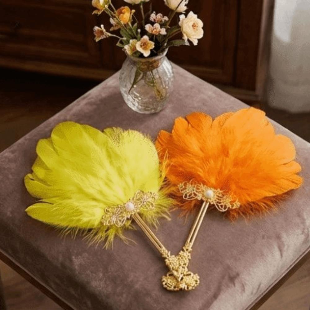 Decorative Gold Handle Feather Hand Fan Colorful Vintage Ornate Handheld Fan Faux Pearl Chinese Style Dance Fan Cosplay