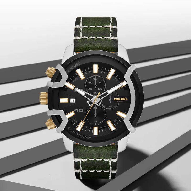 Diesel Watch Quartz Movement Leather Strap Black Dial Chronograph Calendar Black Gold Color Block DZ4585 Men watches DZ4585