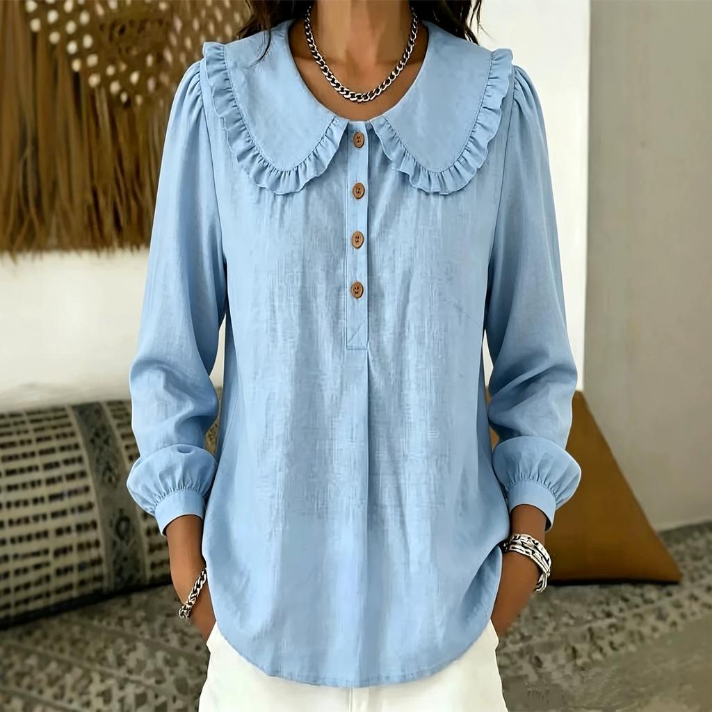 Women's Color Cotton Linen Loose Fit Long Sleeve Top with Collar