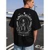 Men's Oversized Black Santa Muerte Graphic Tee, Short Sleeve Crew Neck Cotton Blend, Gothic Religious Skeleton Print Streetwear for Casual Daily Wear