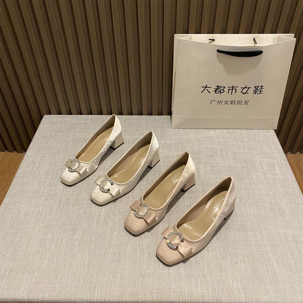 French Elegant Style Square Head Rhinestone Buckle Bow Single Shoes Women's 2025 New Silk and Satin Versatile Commuter High Heels