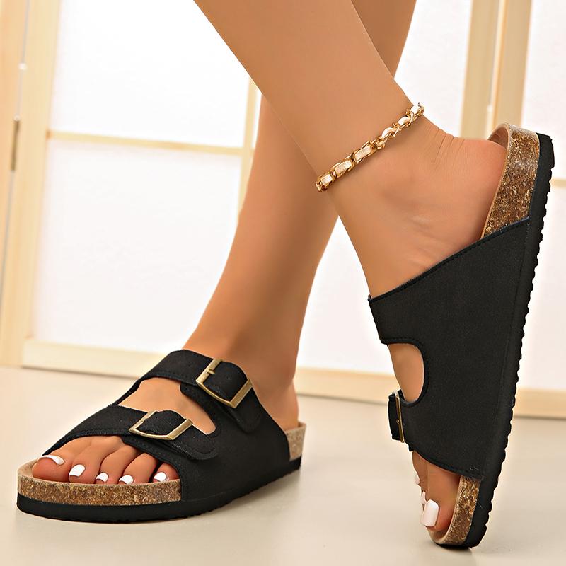 Mode Mode Doppel-Schnalle Kork Pantoletten Damen 2025 Sommer Offene Zehen Flache Clogs Schuhe Frau Übergröße 35-43 Rutschfest Strand Sandalen