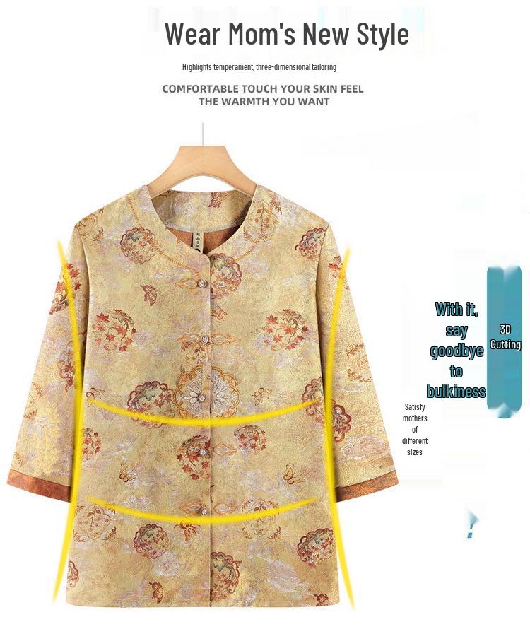 Stylish Chinese-Inspired Summer Top for Elderly Women – Loose Fit, Three-Quarter Sleeves