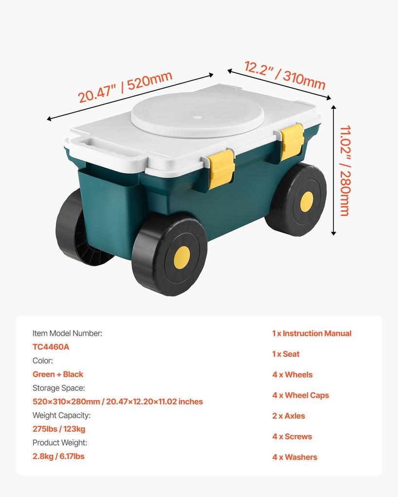 VEVOR Garden Scooter with Seat, 2 in 1 Rolling Garden Cart with Storage Bin, Supports up to 123kg, Outdoor Wagon with Handle