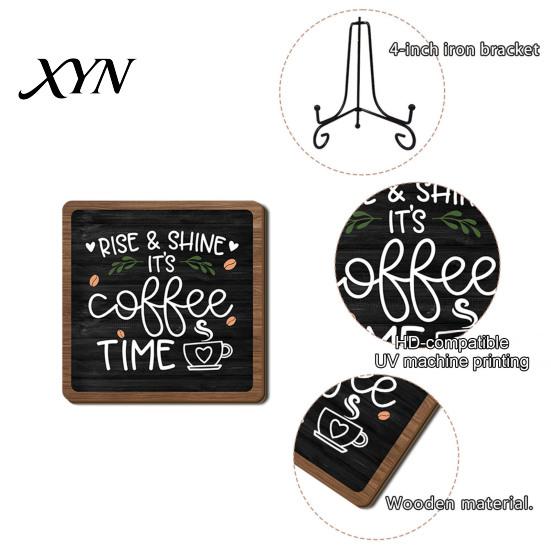 Cafe Store Decorations Coffee Themed Wooden Tabletop Sign, Rustic Kitchen Bar Plaque with Iron Station Accessories Stand, Farmhouse Home Dining
