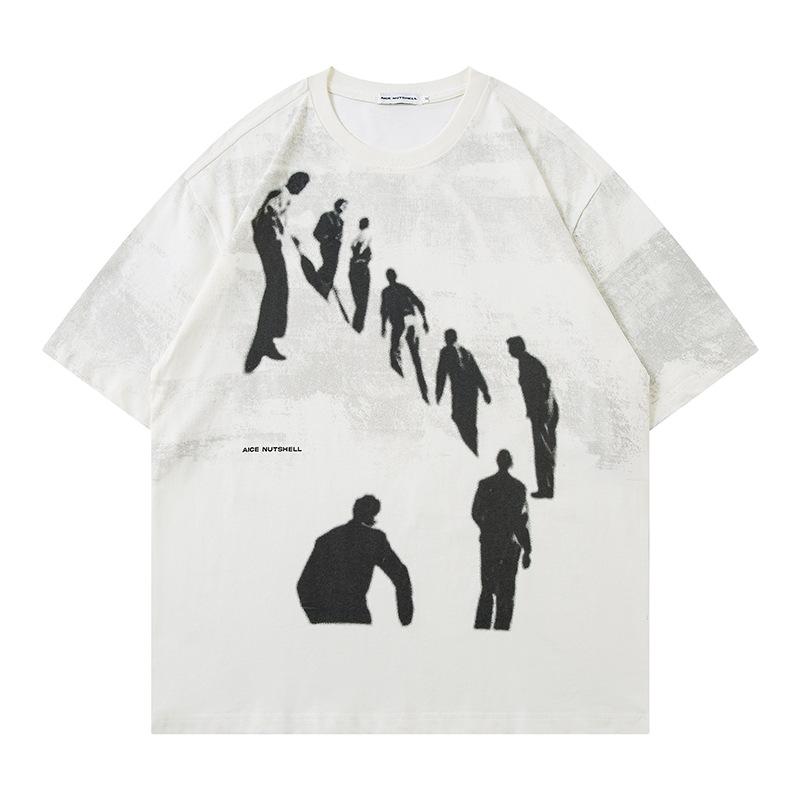 American Street Portrait Silhouette Short-sleeve T-shirt for Men, Summer Loose Trendy Brand Full of Dirt Dot Print Technique