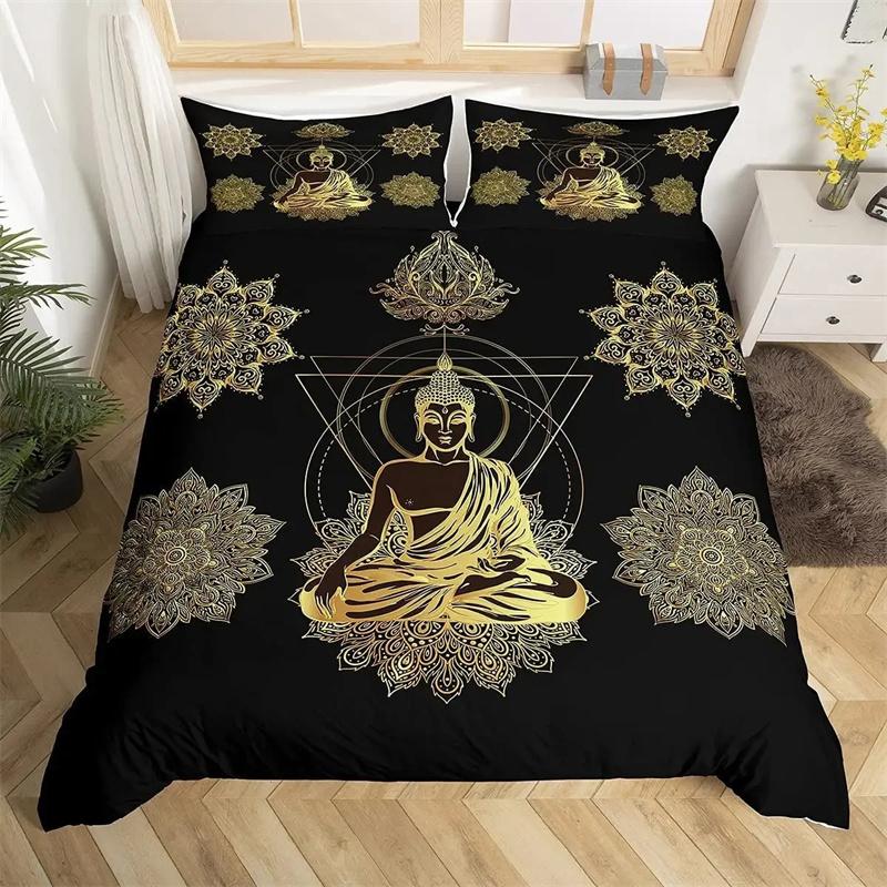 Mandala Buddha Duvet Cover CollectionBohemian Bedding Collection Golden Black Lotus Flowers Print Luxury Microfiber Polyester Comforter Cover