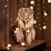 Heart Shaped LED Dream Catcher with Feathers Car Hanging Ornaments Home Wall Decor Fairy Lights for Bedroom Gift