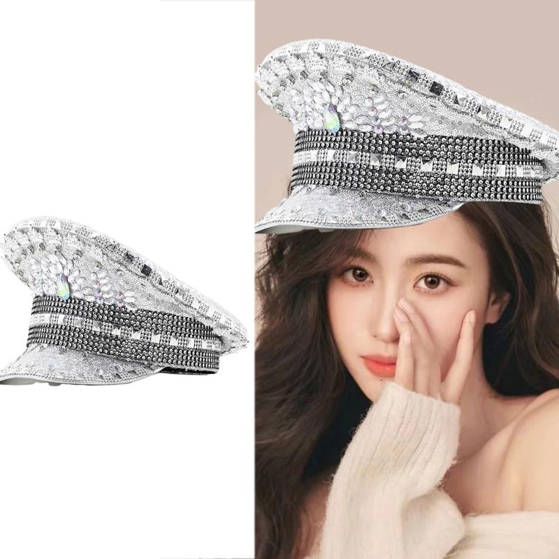 Gold Strass Kapitänsmütze für Hochzeit Mode Hut mit breiter Krempe Karneval Partyhut Damen Braut Fedora Hut Rollenspielhut