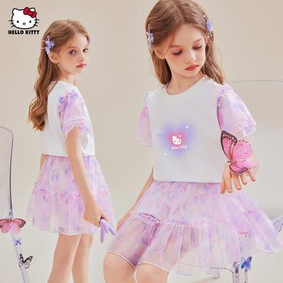 Hello Kitty Girls' Summer Suit 2025 New Gradient Tie-Dye Short Skirt Lace Short-Sleeved T-Shirt Big Kids Summer Outfit