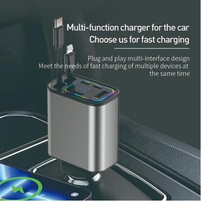 Einziebares Autoladegerät 5 in 1 Schnelllade-Autoladegerät mit einziehbarem Kabel Typ C USB-Autoladegerät für iPhone Samsung Huawei