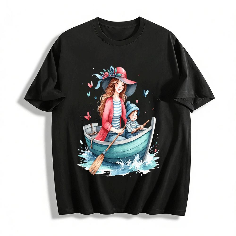 

Warm Parent-child Rowing Print Casual Top Pure cotton T-shirt XXS