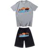 Mens Casual Sport Shorts Set With Tiger Head Print Cotton Blend Tee Straight Fit Mid-Length Pants