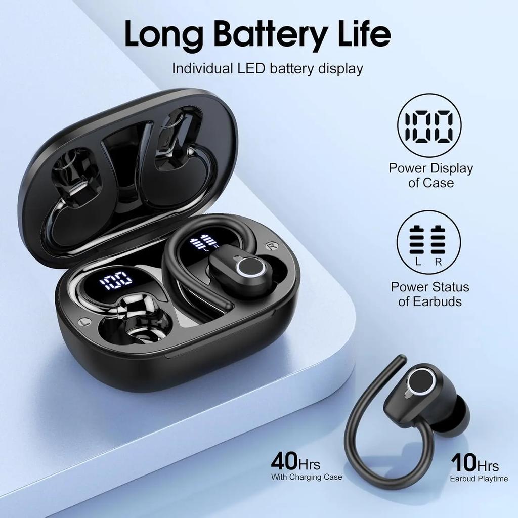 Bluetooth 5.4 Ear Hook Headphones TWS Wireless Earphones HiFi Stereo Waterproof Headsets LED Display Long Standby Touch Earbuds