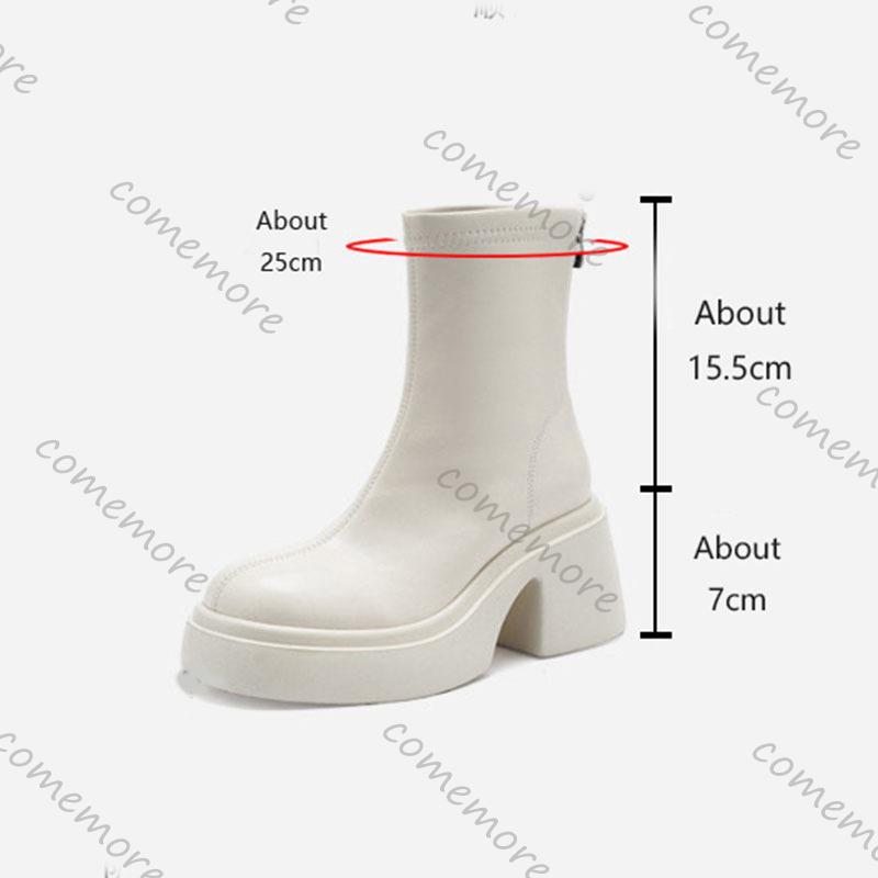 Comemore Spring Autumn New White Short Boots Thick Soled Round Head Botines Shoes for Women Chunky High Heels Ankle Boot