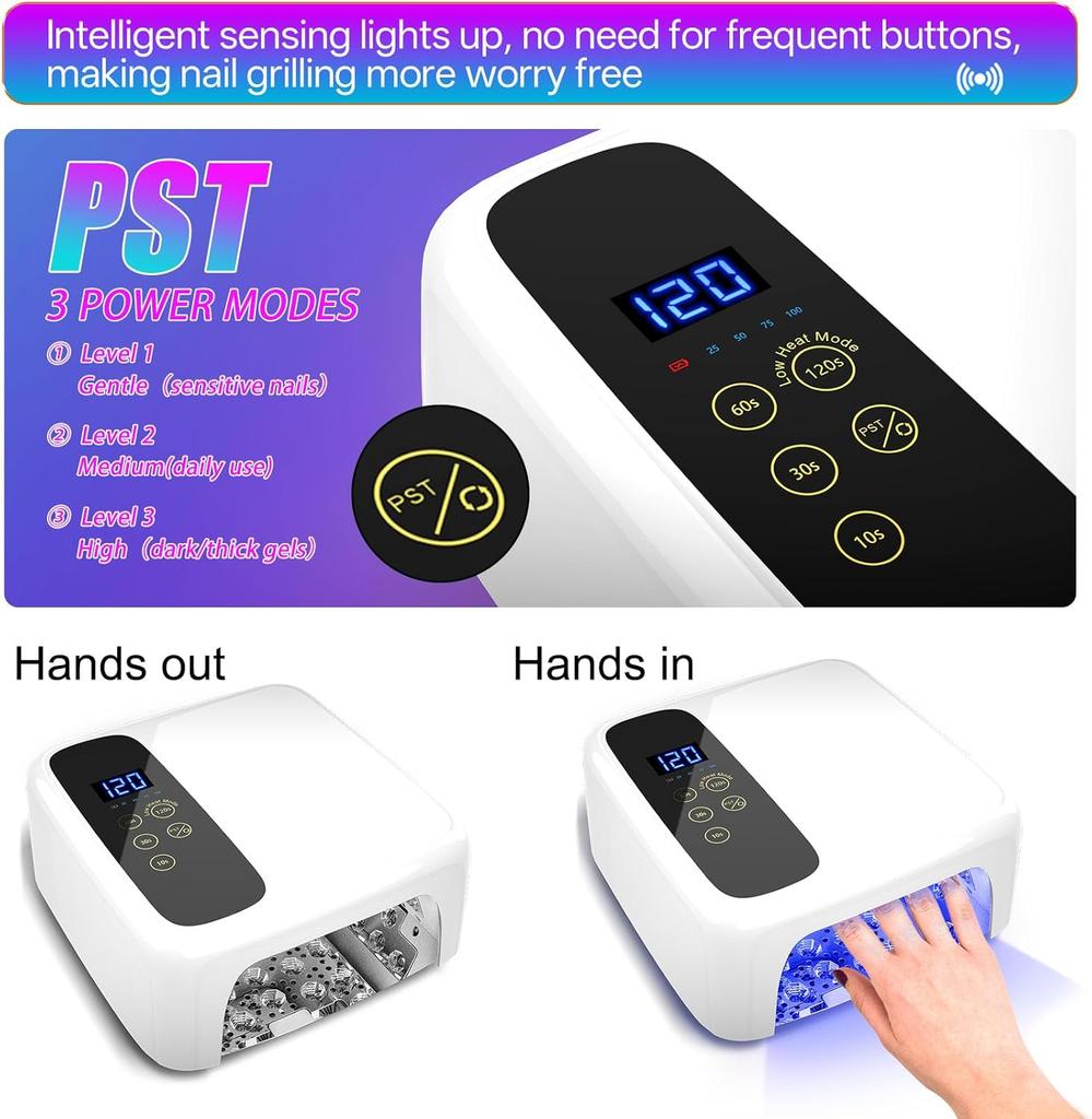 Cordless Rechargeable 72W UV LED Nail Lamp, Wireless Gel Dryer with Metallic Reflector & Base (White)